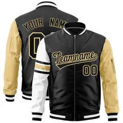 Black Khaki-White Varsity Full-Zip Raglan Stripe Letterman Bomber Jacket 1