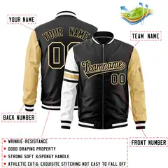 Black Khaki-White Varsity Full-Zip Raglan Stripe Letterman Bomber Jacket 2