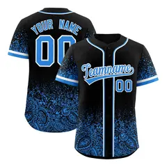 Black Light Blue Gradient Floral Print Full Button Baseball Jersey