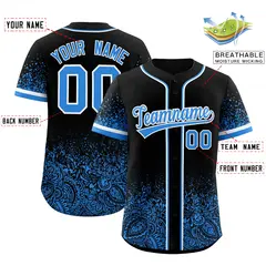 Black Light Blue Gradient Floral Print Full Button Baseball Jersey 2