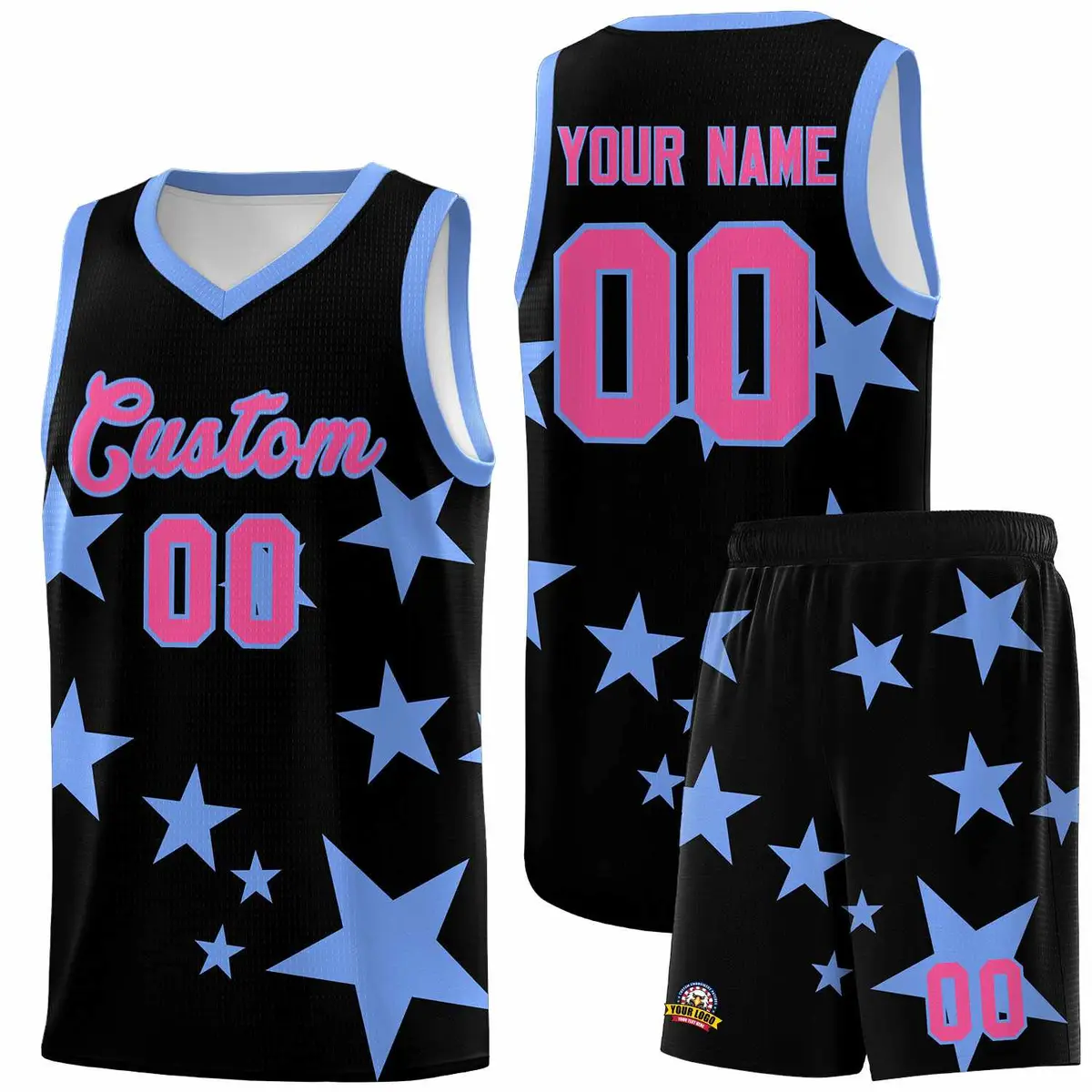 Black Light Blue Graffiti Star Pattern Basketball Jersey