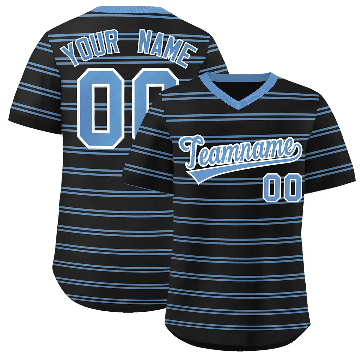 Black Light Blue Horizontal Stripe Pullover Baseball Jersey