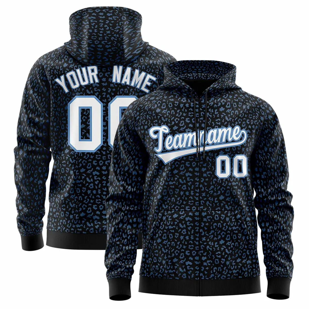 Black Light Blue Leopard Print Varsity Full-Zip Letterman Jacket Hoodie