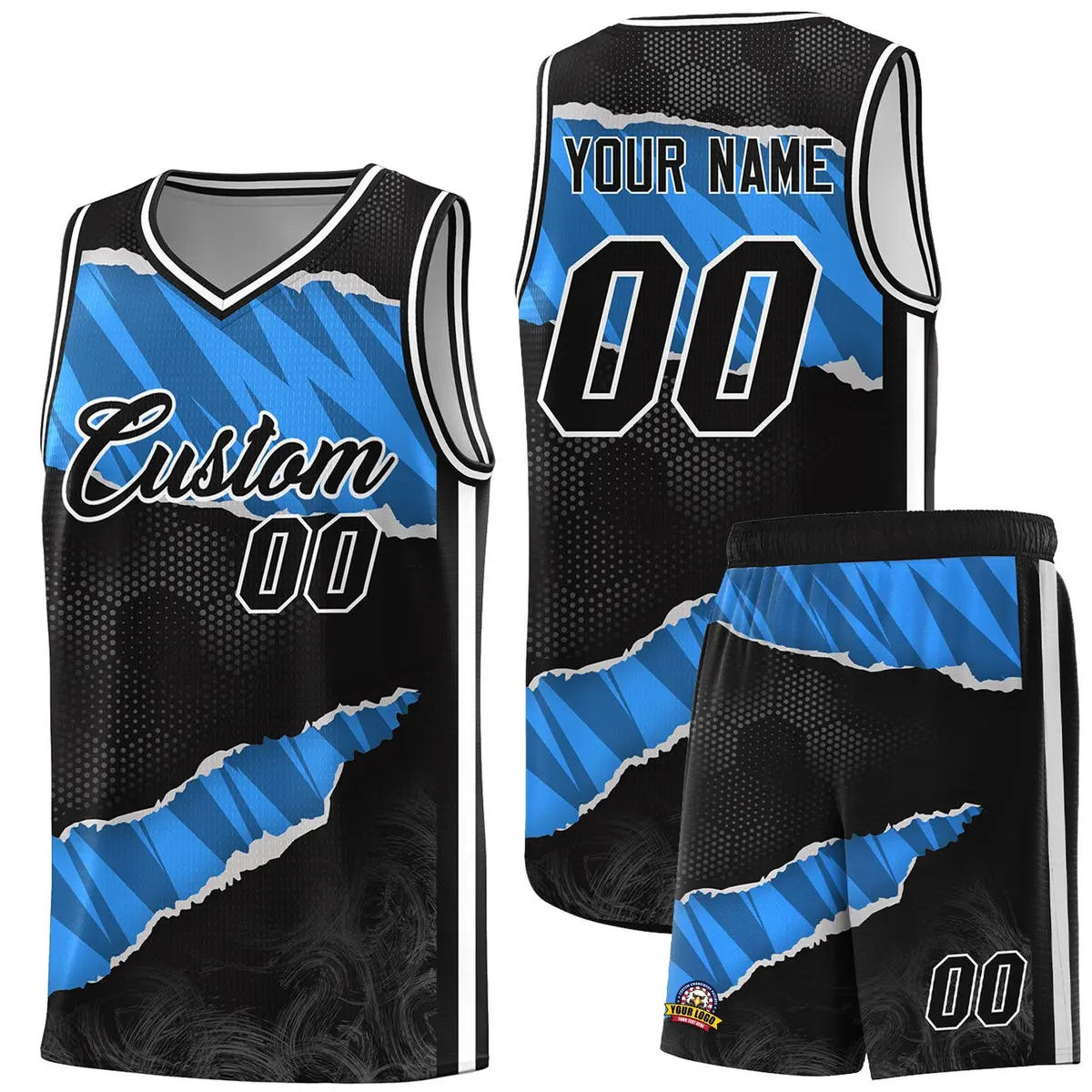 Black Light Blue-Navy Tear Graffiti Basketball Jersey