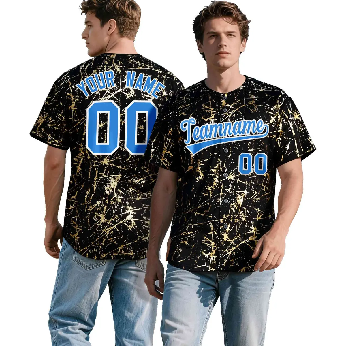 Black Light Blue Shiny Gold Cracked Texture Baseball Jersey