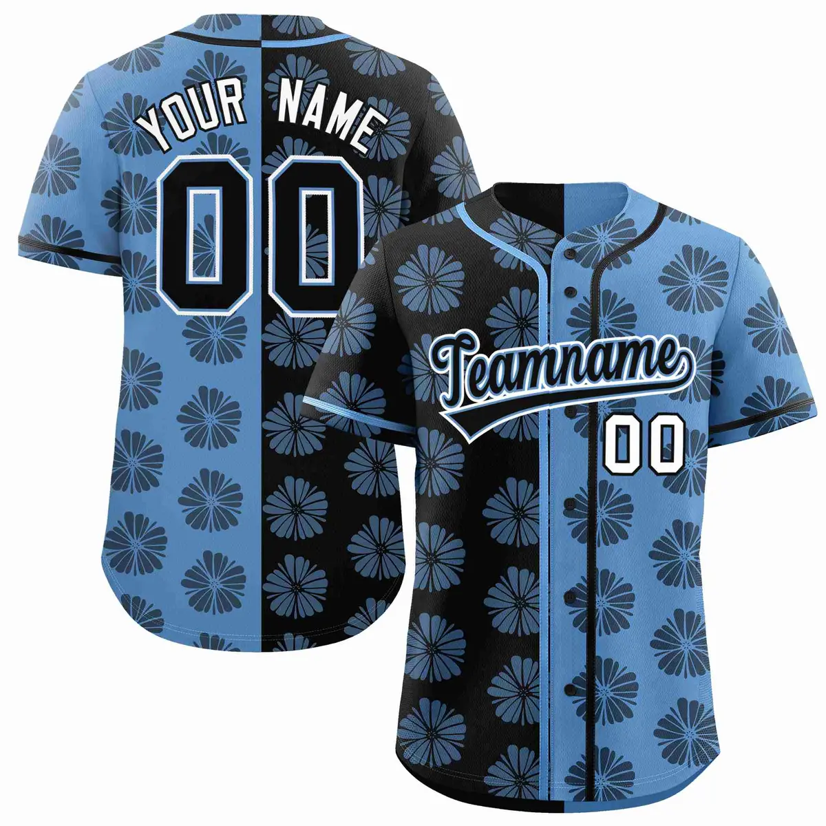 Black Light Blue Split Flower Graffiti Baseball Jersey