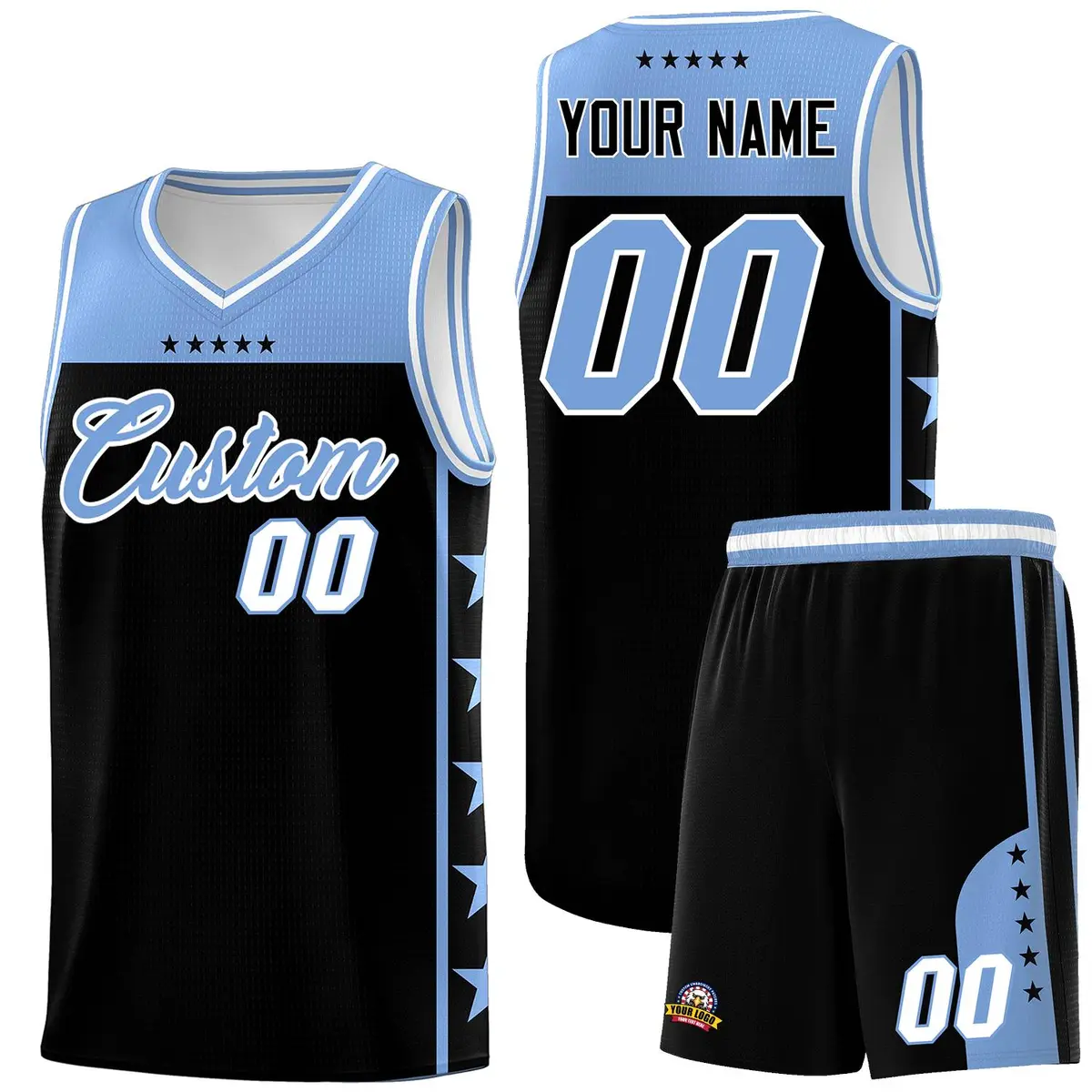 Black Light Blue Star Pattern Team Basketball Jersey