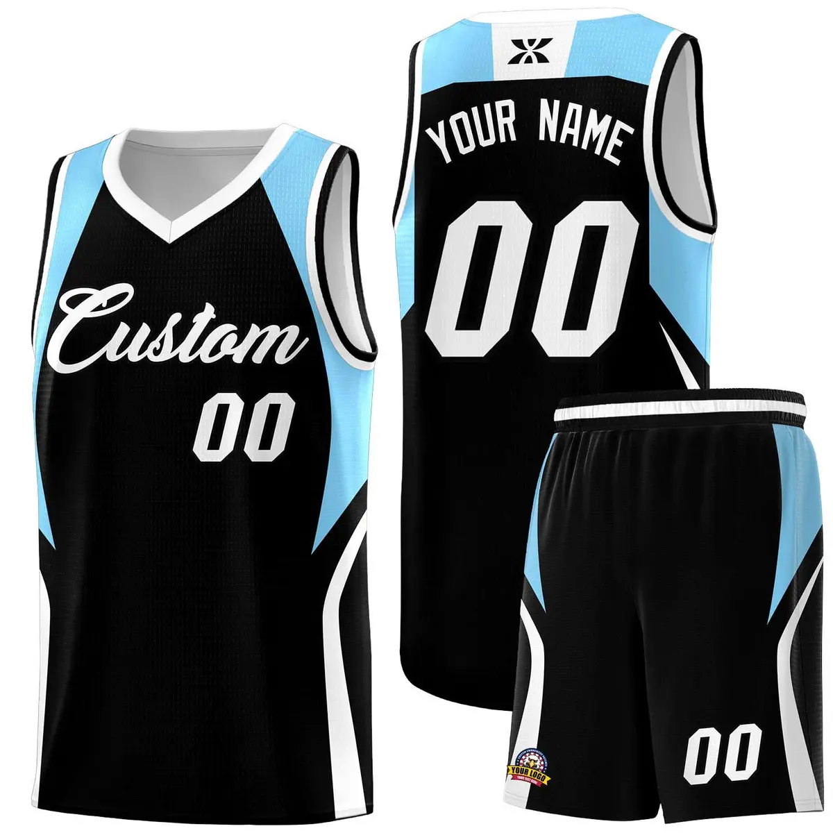 Black Light Blue White Color Block Basketball Jersey