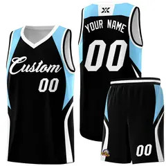 Black Light Blue White Color Block Basketball Jersey 1