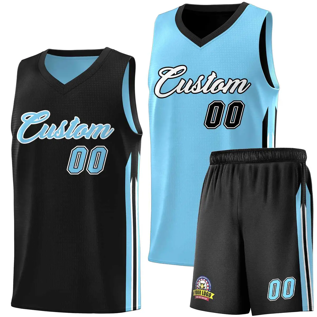 Men's Black Light Blue-White Double Side Basketball Jersey Sets