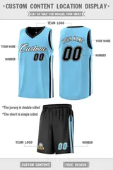 Men's Black Light Blue-White Double Side Basketball Jersey Sets 2
