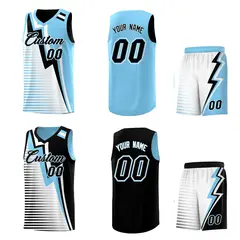 Black Light Blue White Gradient Lightning Stripe Reversible Basketball Jersey 2