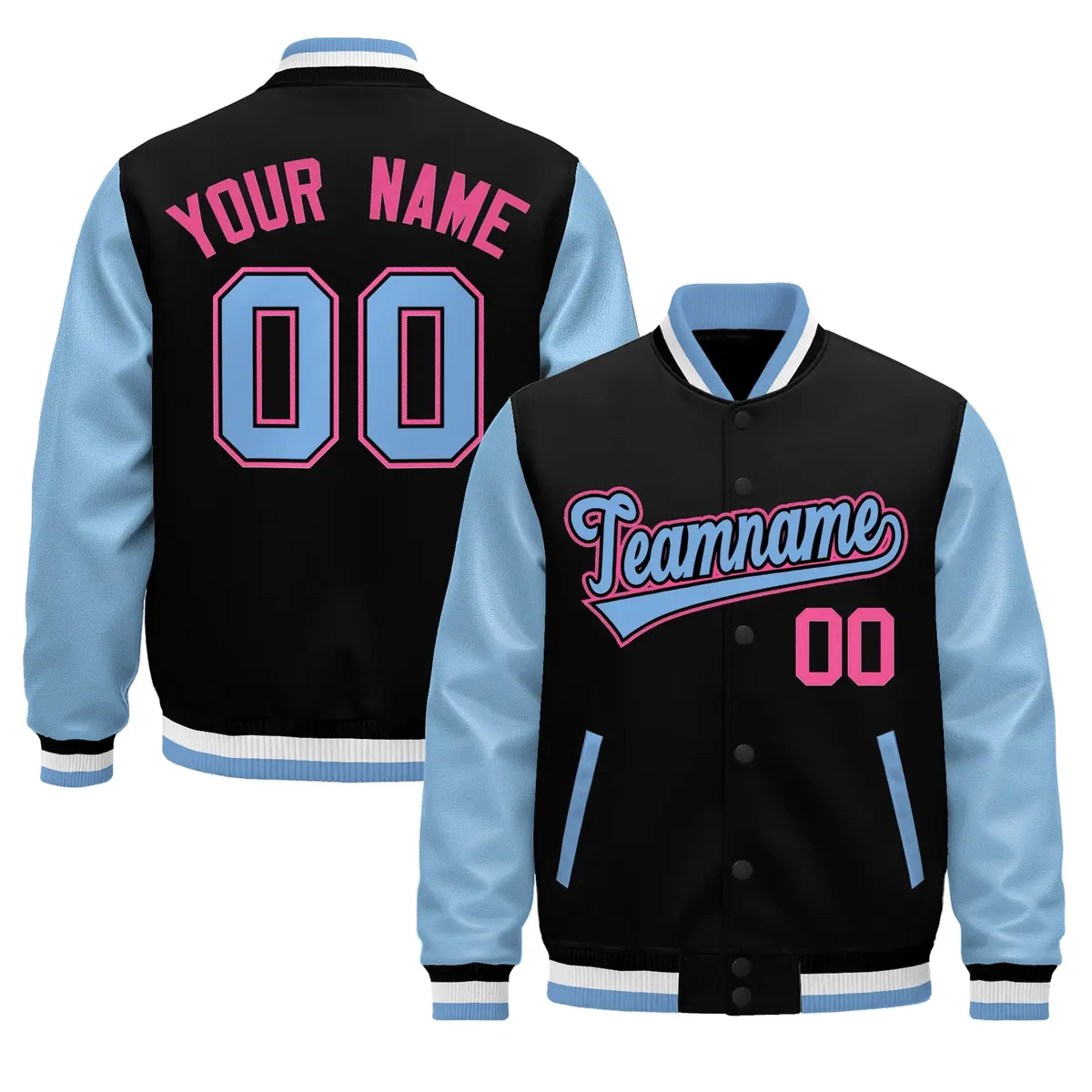 Black Light Blue White Rose Red Raglan Varsity Full-Snap Leather Sleeves Letterman Jacket