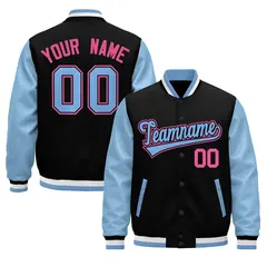 Black Light Blue White Rose Red Raglan Varsity Full-Snap Leather Sleeves Letterman Jacket
