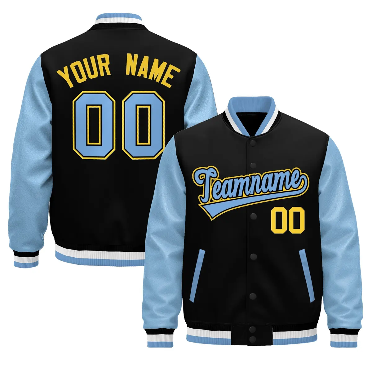 Black Light Blue White Varsity Full-Snap Letterman Jacket