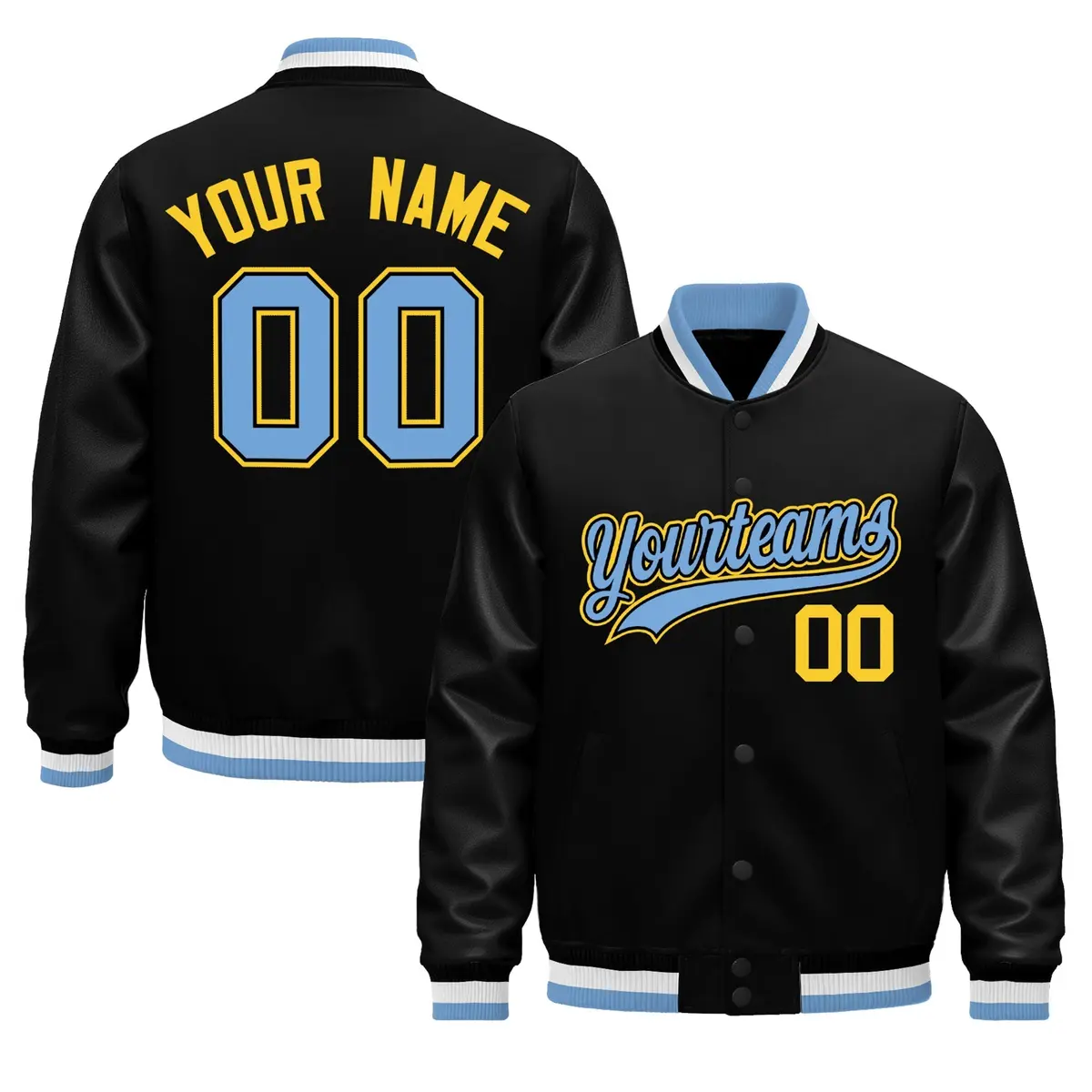Black Light Blue White Varsity Jacket Faux Leather Sleeves