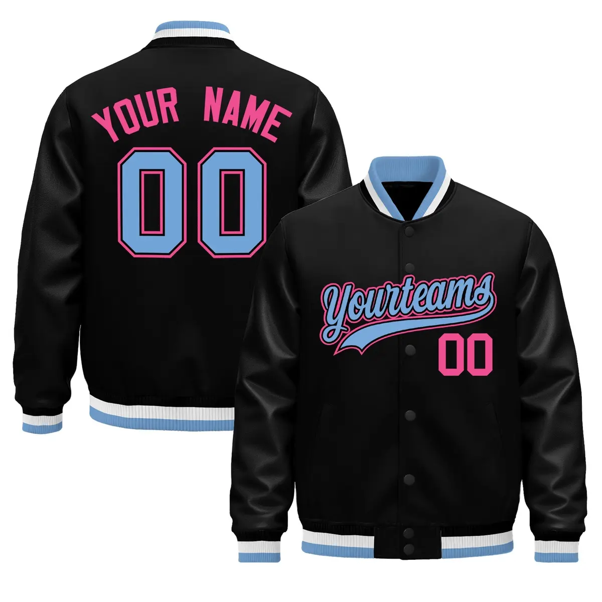Black Light Blue White Varsity Jacket Faux Leather Sleeves