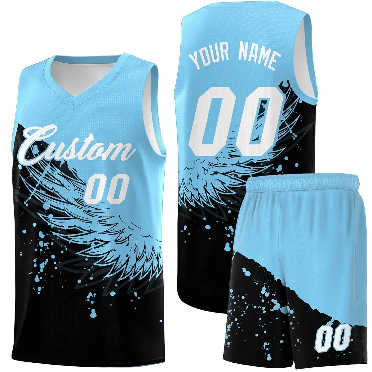 Black Light Blue Wing Pattern Basketball Jersey