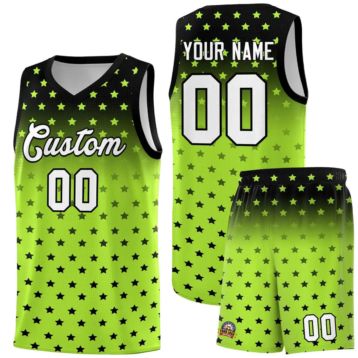 Black Light Green Gradient Star Pattern Basketball Jersey Set