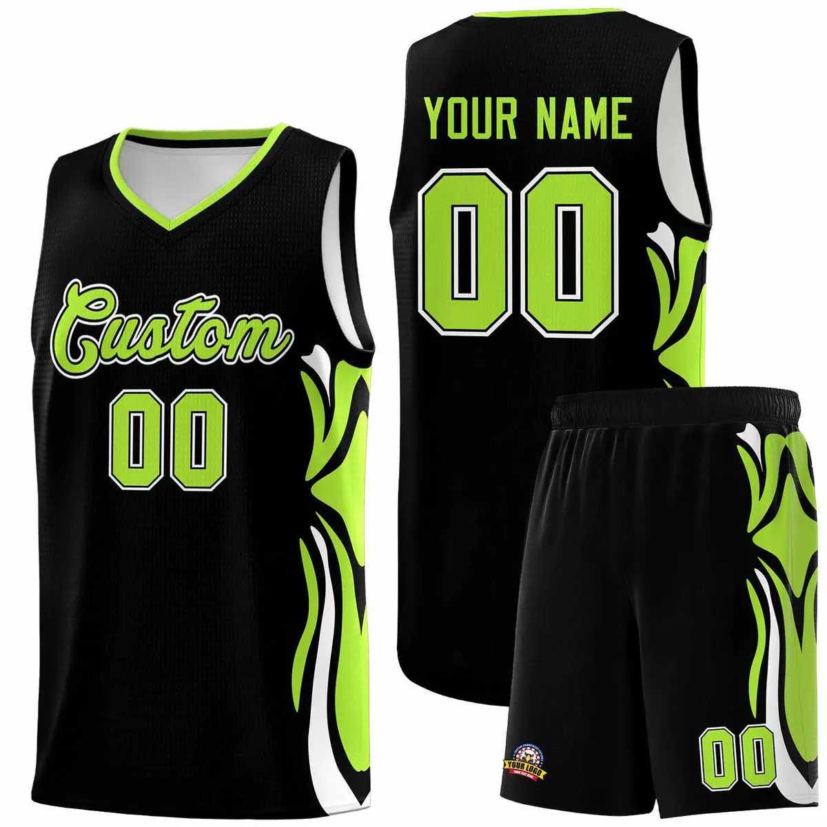 Black Light Green-White Graffiti Side Curve Basketball Jersey Sets