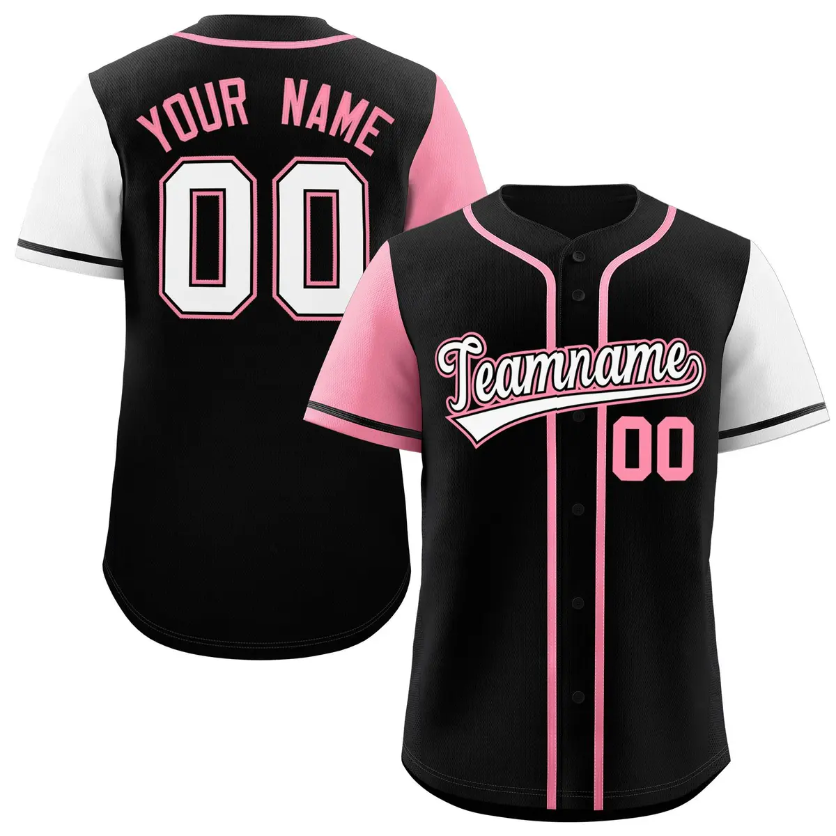 Black Light Pink and White Raglan Sleeves Baseball Jersey