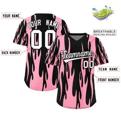Black Light Pink Flame Pattern Pullover Baseball Jersey 2
