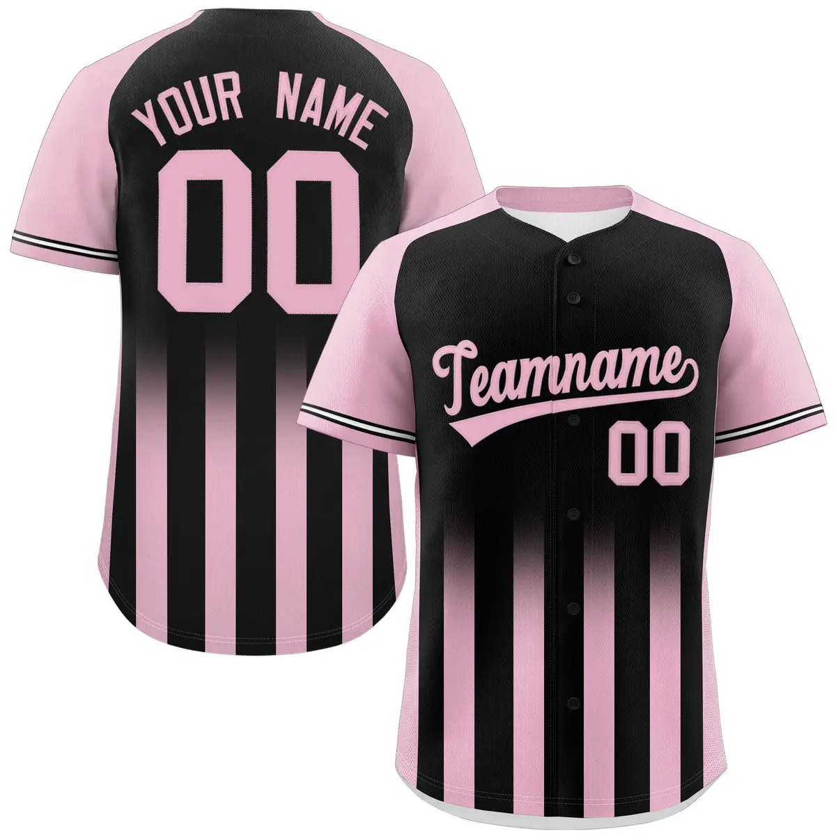 Black Light Pink Gradient Thick Stripe Raglan Baseball Jersey