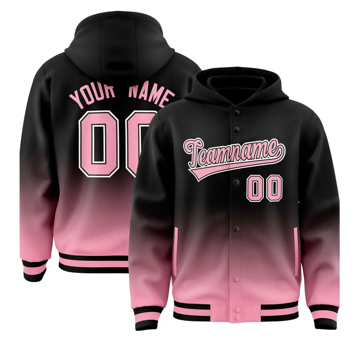 Black Light Pink Gradient Varsity Letterman Full-Snap Jacket Hoodie