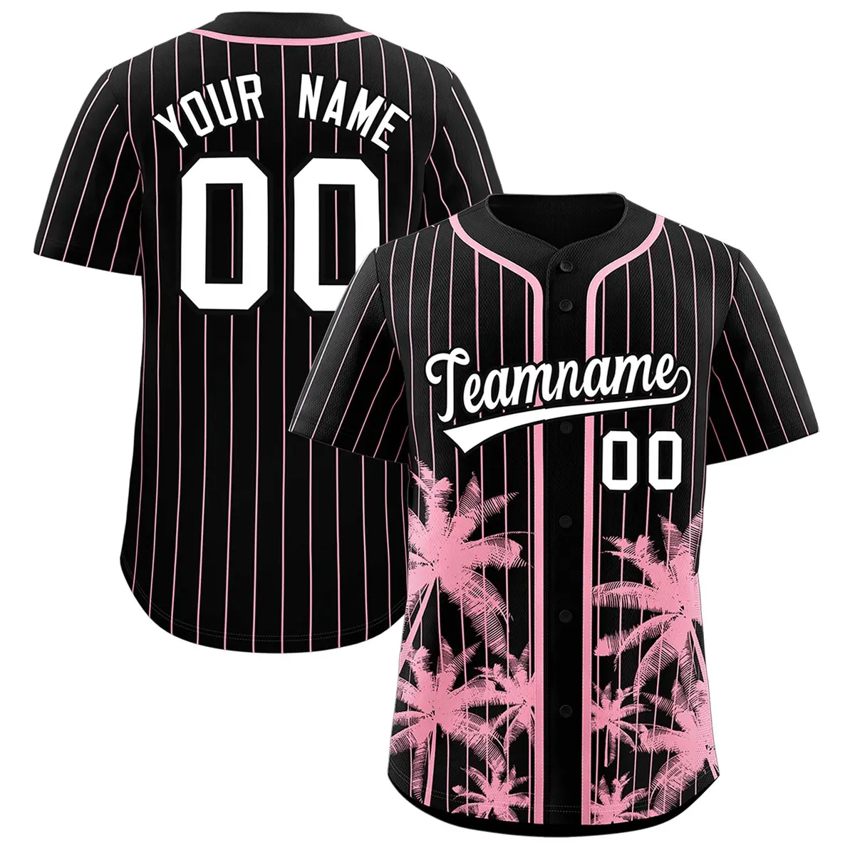 Black Light Pink Pinstripe Coconut Tree Baseball Jersey