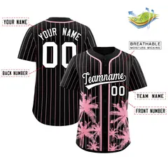 Black Light Pink Pinstripe Coconut Tree Baseball Jersey 2