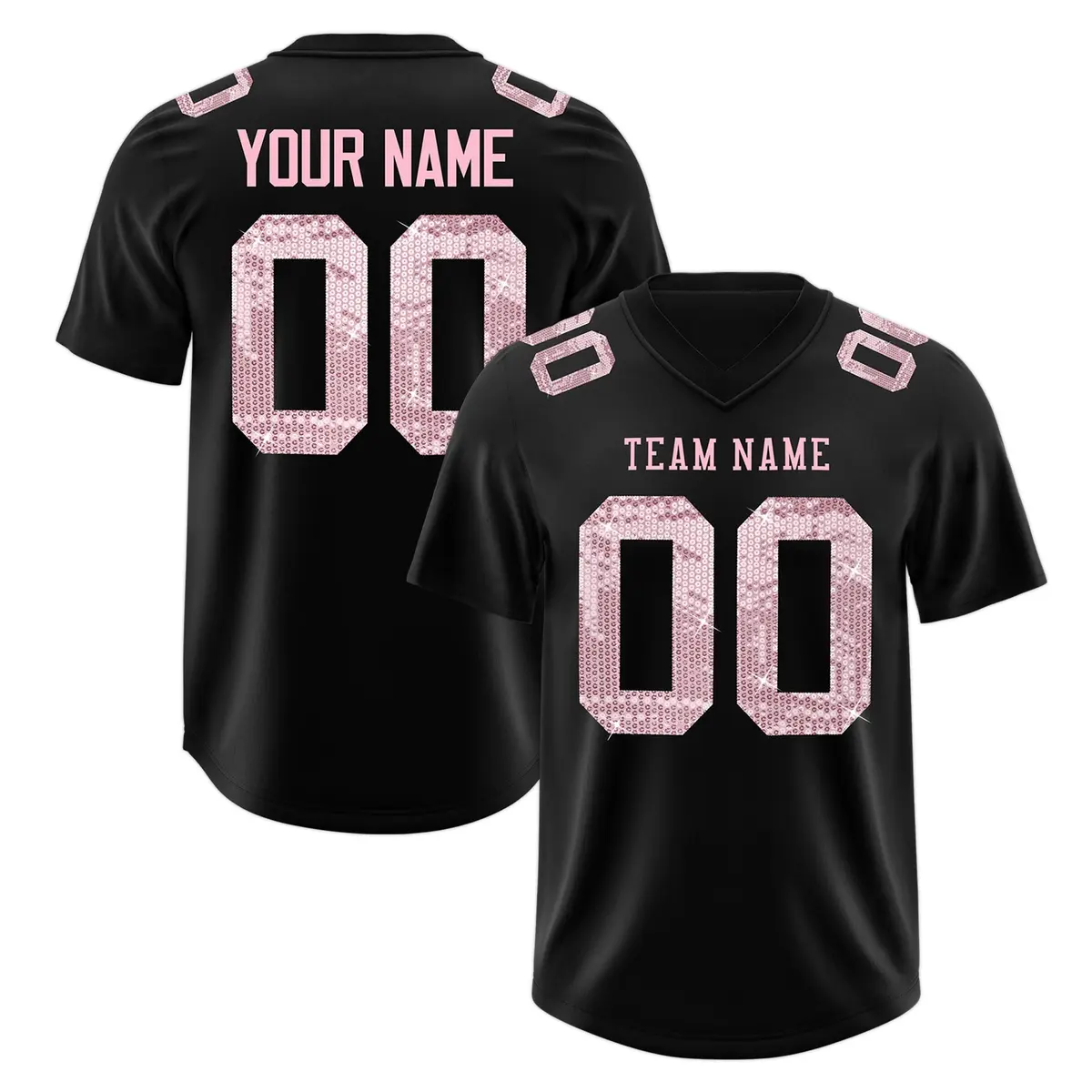 Black Light Pink Sequin Lettering Football Jersey