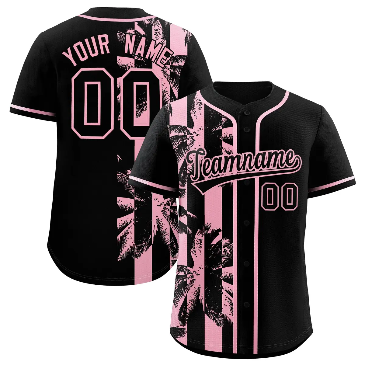 Black Light Pink Split Coconut Tree Design Baseball Jersey