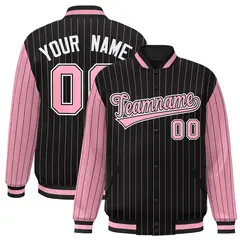 Black Light Pink Varsity Full-Snap Pinstripe Raglan Letterman Baseball Jacket
