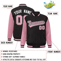 Black Light Pink Varsity Full-Snap Pinstripe Raglan Letterman Baseball Jacket 2