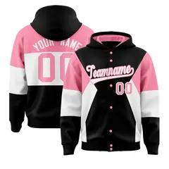 Black Light Pink-White Color Block Varsity Full-Snap Letterman Jacket Hoodie