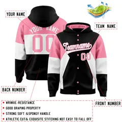 Black Light Pink-White Color Block Varsity Full-Snap Letterman Jacket Hoodie 4