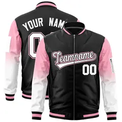 Black Light Pink-White Gradient Full-Zip Letterman Bomber Jacket