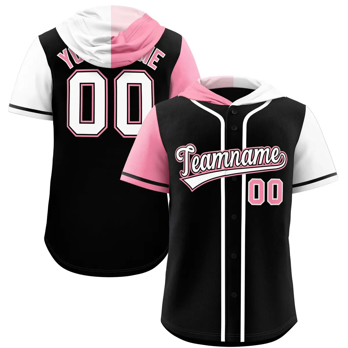 Black Light Pink White Split Raglan Baseball Hoodie Jersey