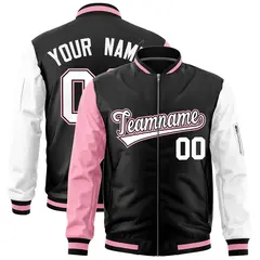 Black Light Pink White Varsity Letterman Bomber Jacket Full-Zip Raglan Sleeves 1