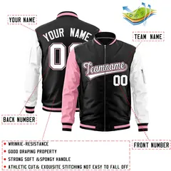 Black Light Pink White Varsity Letterman Bomber Jacket Full-Zip Raglan Sleeves 2