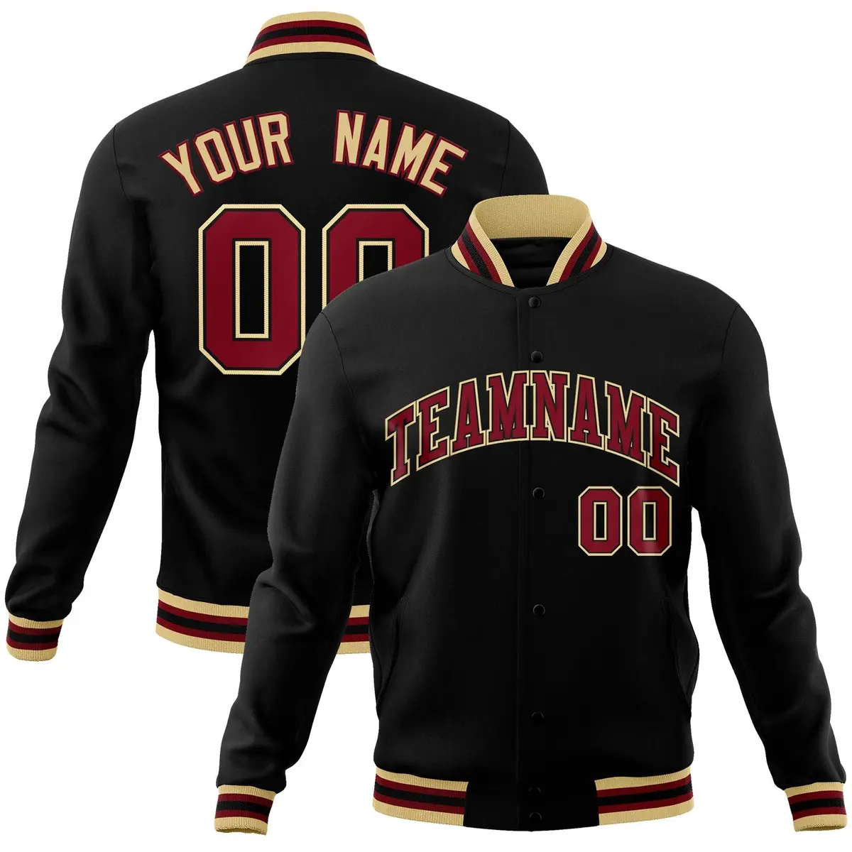 Black Maroon-Black Varsity Full-Snap Letterman Jacket