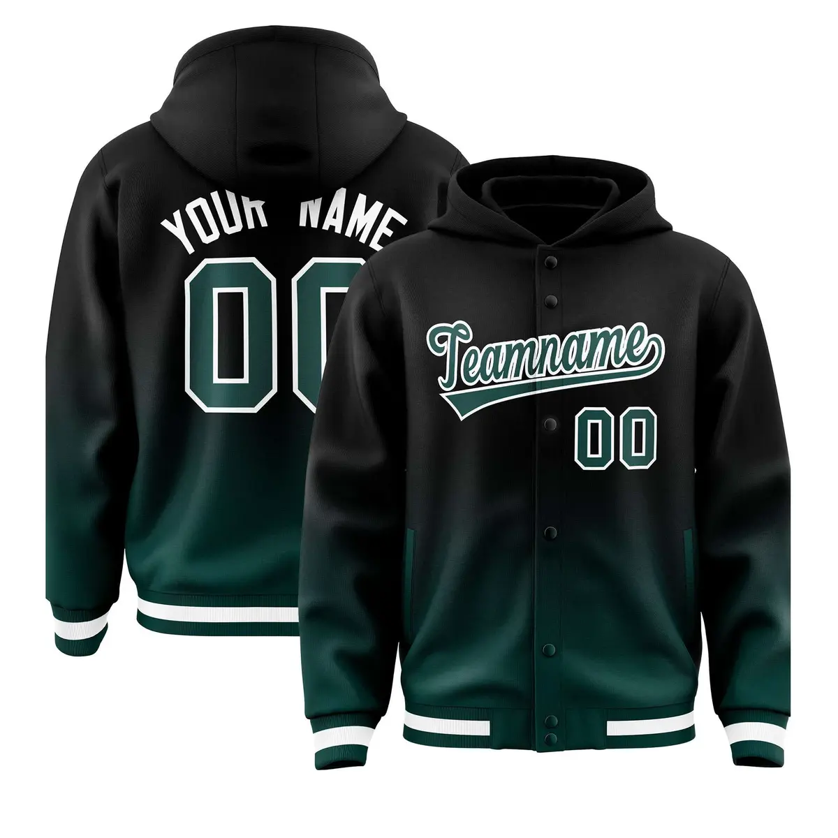 Black Midnight Green Gradient Varsity Letterman Jacket Hoodie