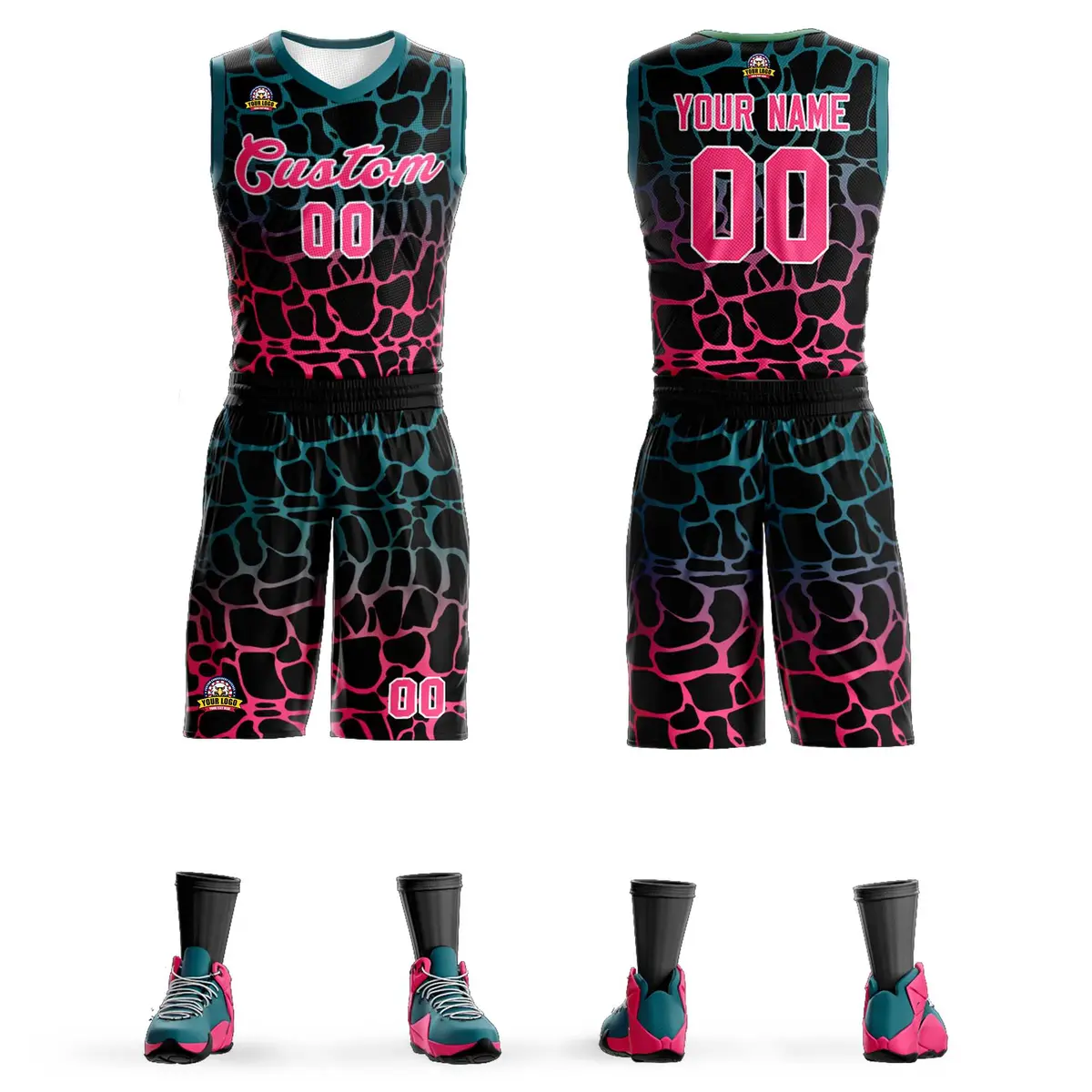 Black Midnight Green-Pink Spotted Graffiti Basketball Jersey