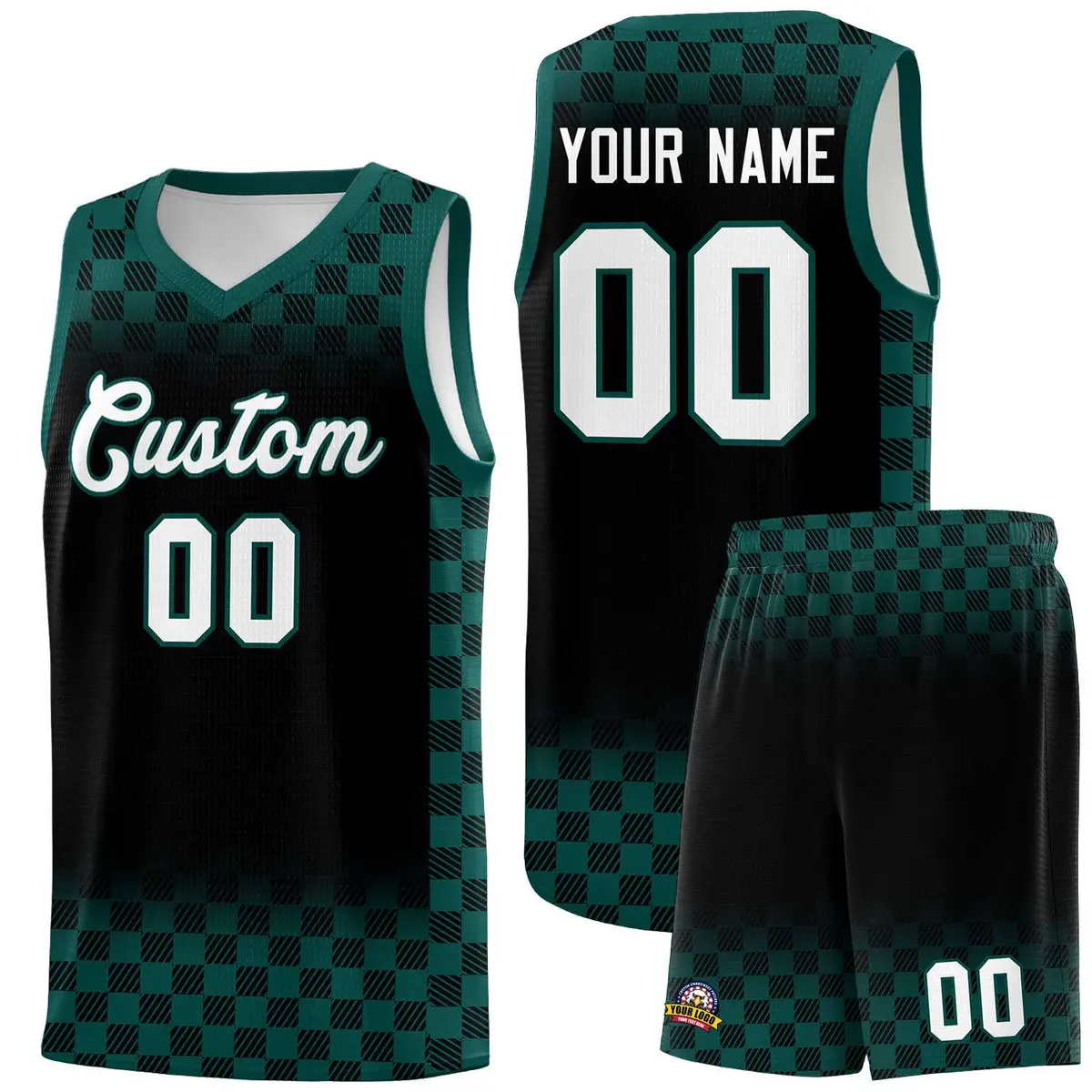 Black Midnight Green Plaid Pattern Basketball Jersey Uniform