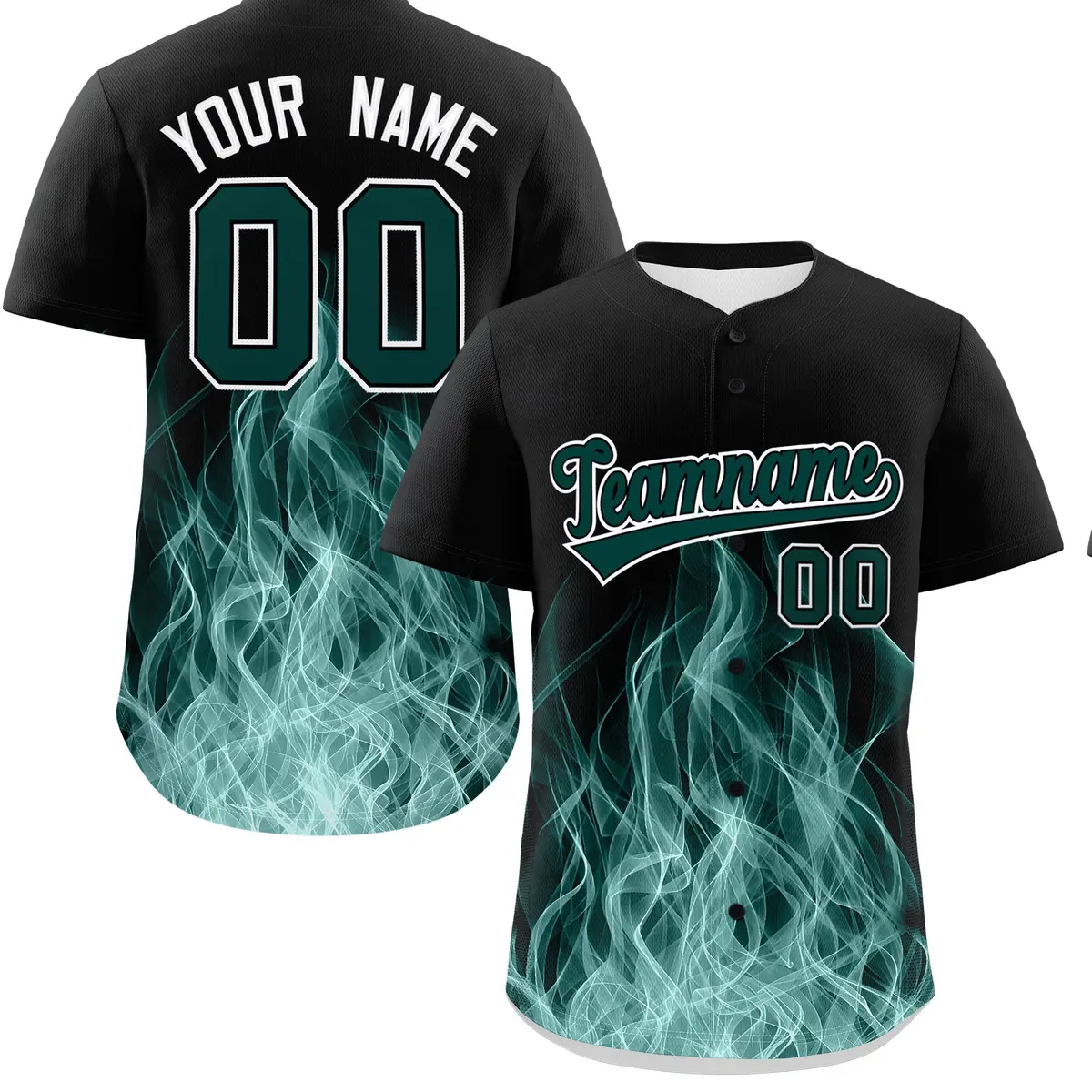 Black Midnight Green White Flame Graffiti Baseball Jersey