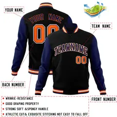 Black Navy-Orange Raglan Varsity Full-Snap Letterman Jacket 4