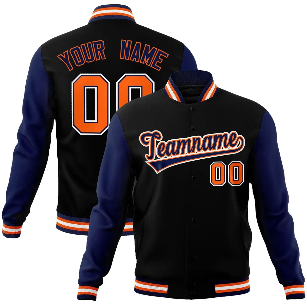 Black Navy-Orange Raglan Varsity Full-Snap Letterman Jacket