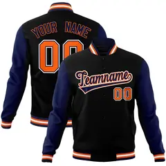Black Navy-Orange Raglan Varsity Full-Snap Letterman Jacket