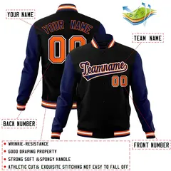 Black Navy-Orange Raglan Varsity Full-Snap Letterman Jacket 4