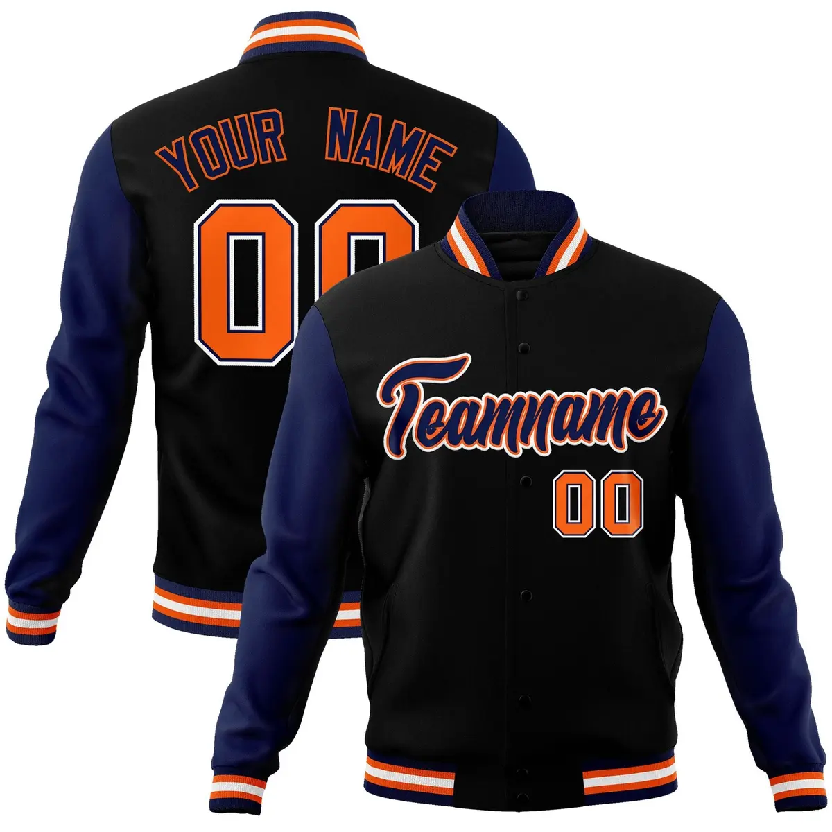 Black Navy-Orange Raglan Varsity Full-Snap Letterman Jacket